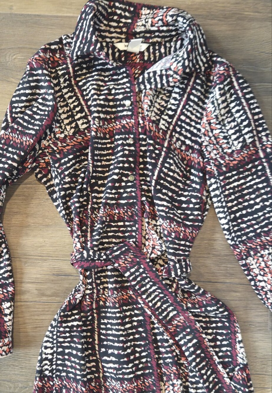 White House Black Market Geometric Pattern Wrap Dress - Long Sleeve with Belt